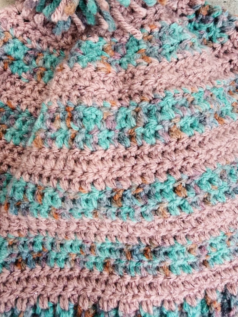 Handmade Crocheted Winter Hat in Pink, Teal, and Purple